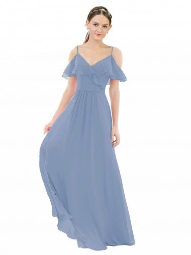 Azul polvoriento línea A Cuello en V Gasa Largo Vestidos de dama de honor Descuento
