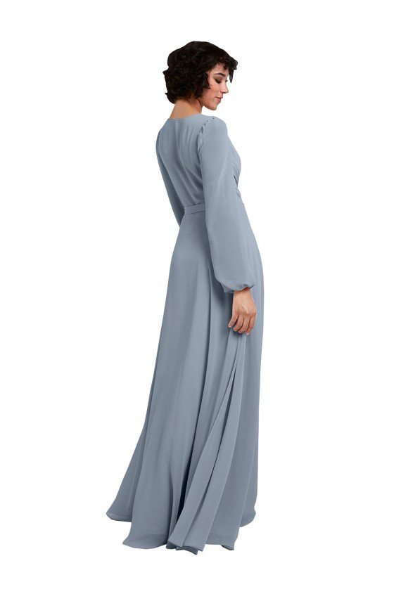 Azul polvoriento línea A Cuello en V Gasa Largo Vestidos de dama de honor Descuento