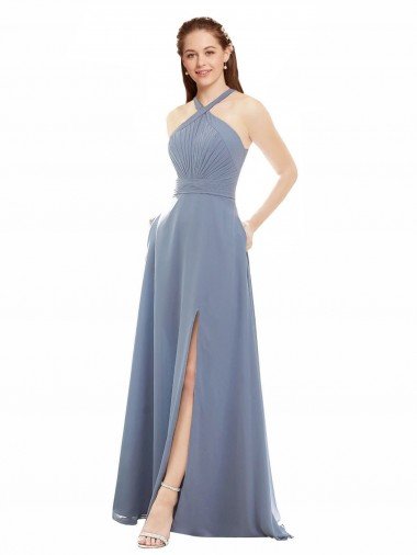 Azul polvoriento línea A Halter Cuello Alto Gasa Largo Vestidos de dama de honor Descuento