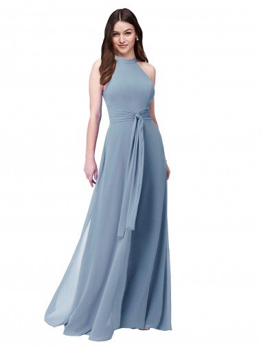 Azul polvoriento línea A Halter Cuello Alto Gasa Largo Vestidos de dama de honor Descuento