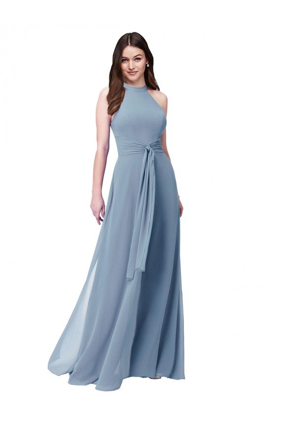 Azul polvoriento línea A Halter Cuello Alto Gasa Largo Vestidos de dama de honor Descuento