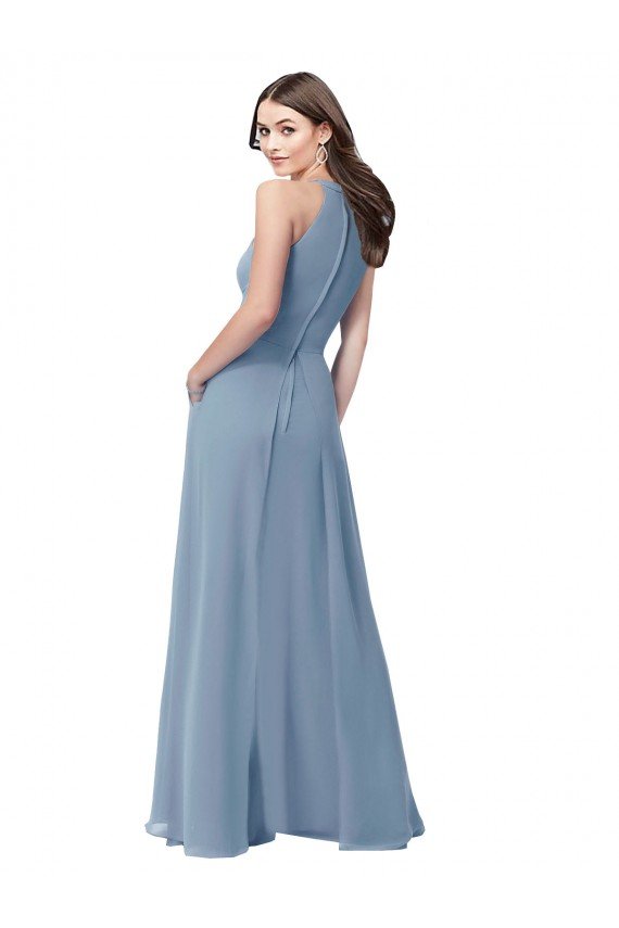 Azul polvoriento línea A Halter Cuello Alto Gasa Largo Vestidos de dama de honor Descuento