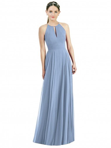 Azul polvoriento línea A Halter Gasa Largo Vestidos de dama de honor Descuento