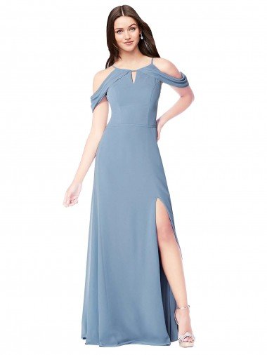 Azul polvoriento línea A Hombros Descubiertos Gasa Largo Vestidos de dama de honor Descuento