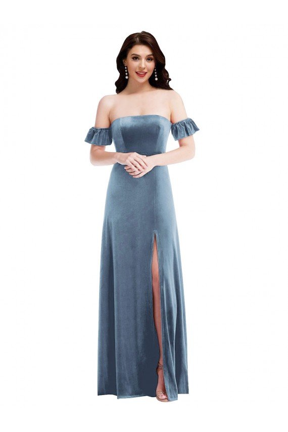 Azul polvoriento línea A Hombros Descubiertos Terciopelo Elástico Largo Vestidos de dama de honor / Vestidos de fiesta Descuento