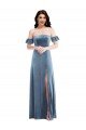 Azul polvoriento línea A Hombros Descubiertos Terciopelo Elástico Largo Vestidos de dama de honor / Vestidos de fiesta Descuento
