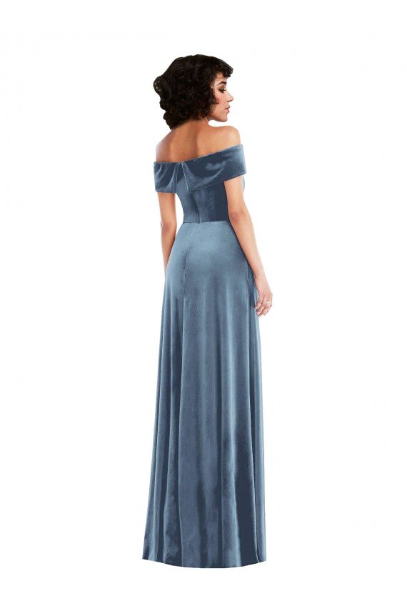 Azul polvoriento línea A Hombros Descubiertos Terciopelo Elástico Largo Vestidos de dama de honor / Vestidos de fiesta Descuento