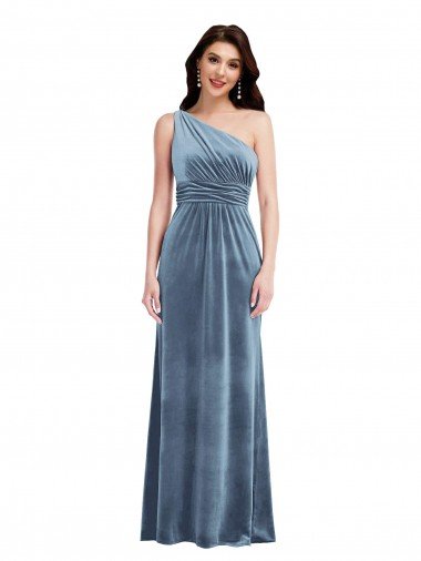 Azul polvoriento línea A Hombros Descubiertos Terciopelo Elástico Largo Vestidos de dama de honor / Vestidos de fiesta Descuento