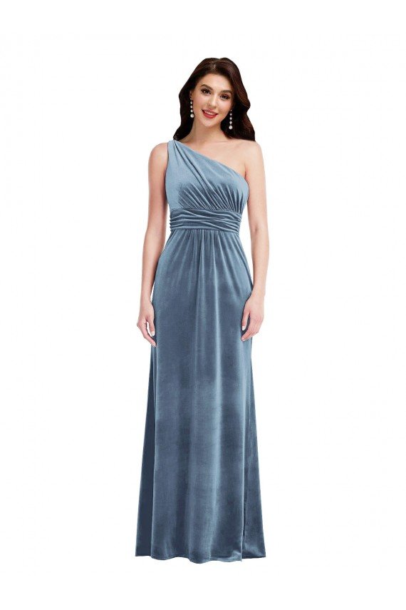 Azul polvoriento línea A Hombros Descubiertos Terciopelo Elástico Largo Vestidos de dama de honor / Vestidos de fiesta Descuento