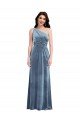 Azul polvoriento línea A Hombros Descubiertos Terciopelo Elástico Largo Vestidos de dama de honor / Vestidos de fiesta Descuento