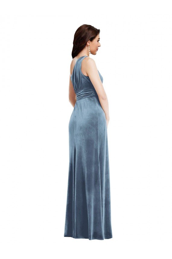 Azul polvoriento línea A Hombros Descubiertos Terciopelo Elástico Largo Vestidos de dama de honor / Vestidos de fiesta Descuento