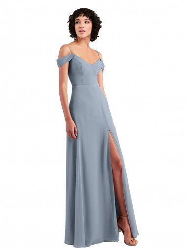 Azul polvoriento línea A Hombros Descubiertos Tirantes espagueti Gasa Largo Vestidos de dama de honor Descuento
