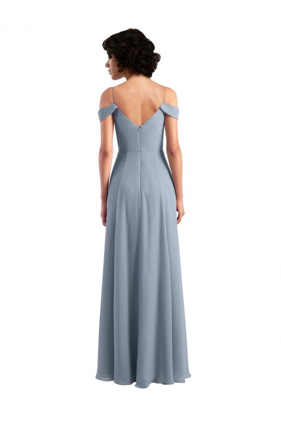 Azul polvoriento línea A Hombros Descubiertos Tirantes espagueti Gasa Largo Vestidos de dama de honor Descuento