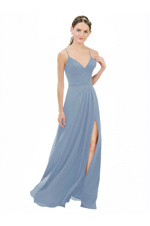 Azul polvoriento línea A Tirantes espagueti Cuello en V Gasa Encaje Largo Vestidos de dama de honor Descuento