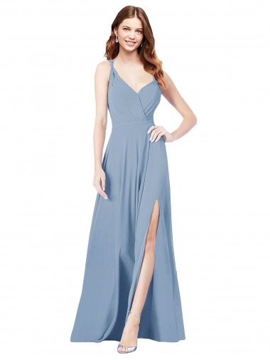 Azul polvoriento línea A Tirantes espagueti Cuello en V Gasa Largo Vestidos de dama de honor Descuento