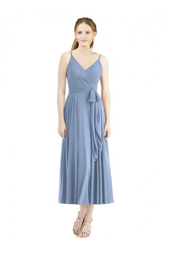 Azul polvoriento línea A Tirantes espagueti Gasa Corto Vestidos de dama de honor Descuento