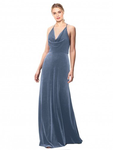 Azul polvoriento línea A Tirantes espagueti Halter Terciopelo Elástico Largo Vestidos de dama de honor / Vestidos de fiesta Descuento