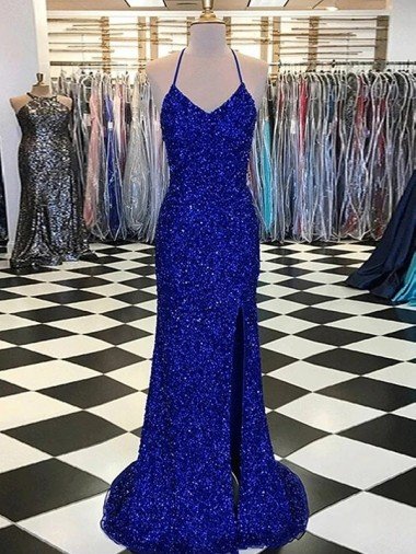 Azul real Cubierta Cuello en V Barrer tren Lentejuelas Terciopelo Largo Vestidos de fiesta Descuento