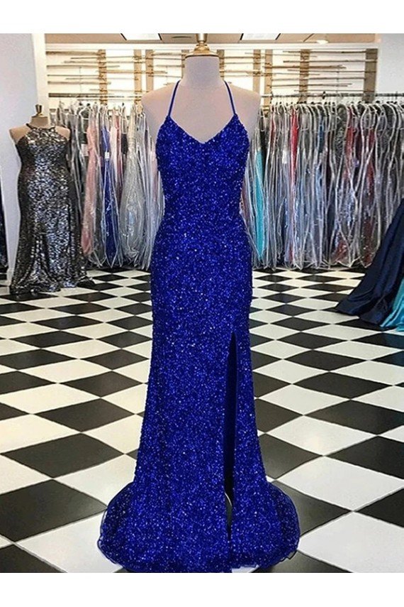 Azul real Cubierta Cuello en V Barrer tren Lentejuelas Terciopelo Largo Vestidos de fiesta Descuento