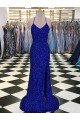Azul real Cubierta Cuello en V Barrer tren Lentejuelas Terciopelo Largo Vestidos de fiesta Descuento