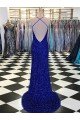 Azul real Cubierta Cuello en V Barrer tren Lentejuelas Terciopelo Largo Vestidos de fiesta Descuento