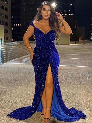 Azul real Cubierta Cuello en V Barrer tren Lentejuelas Terciopelo Largo Vestidos de fiesta Descuento