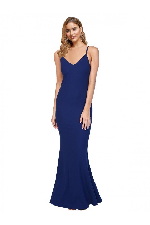 Azul real Cubierta Cuello en V Crepé Elástico Largo Formales Vestidos de dama de honor / Vestidos de fiesta Descuento