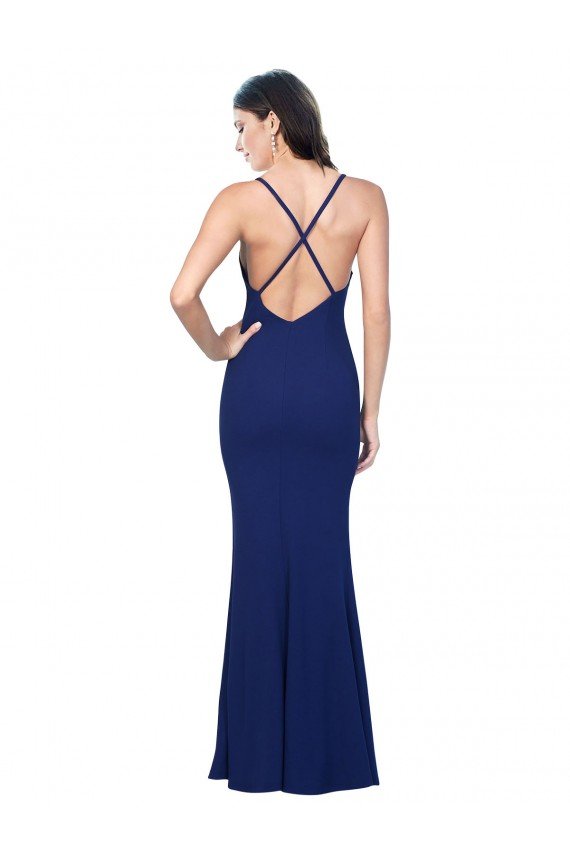 Azul real Cubierta Cuello en V Crepé Elástico Largo Formales Vestidos de dama de honor / Vestidos de fiesta Descuento