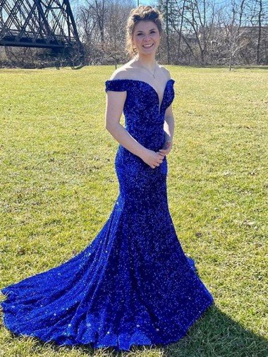 Azul real Cubierta Hombros Descubiertos Barrer tren Lentejuelas Terciopelo Largo Vestidos de fiesta Descuento