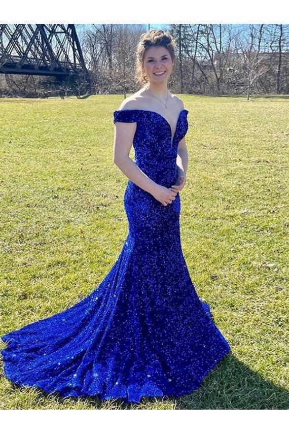 Azul real Cubierta Hombros Descubiertos Barrer tren Lentejuelas Terciopelo Largo Vestidos de fiesta Descuento
