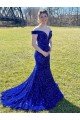 Azul real Cubierta Hombros Descubiertos Barrer tren Lentejuelas Terciopelo Largo Vestidos de fiesta Descuento