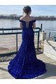 Azul real Cubierta Hombros Descubiertos Barrer tren Lentejuelas Terciopelo Largo Vestidos de fiesta Descuento