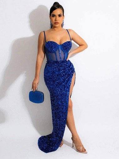 Azul real Cubierta Tirantes espagueti Barrer tren Lentejuelas Terciopelo Largo Vestidos de fiesta Descuento