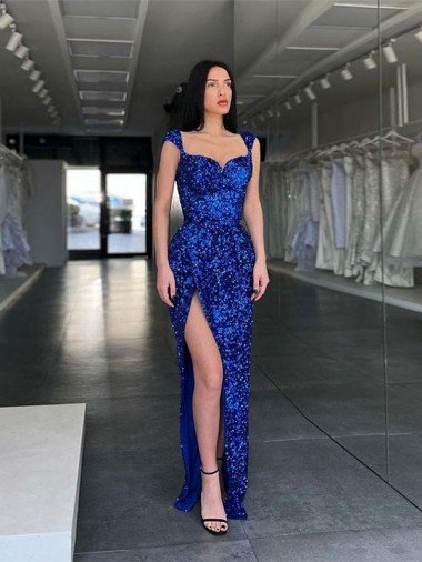 Azul real Cubierta Tirantes espagueti Barrer tren Lentejuelas Terciopelo Largo Vestidos de fiesta Descuento