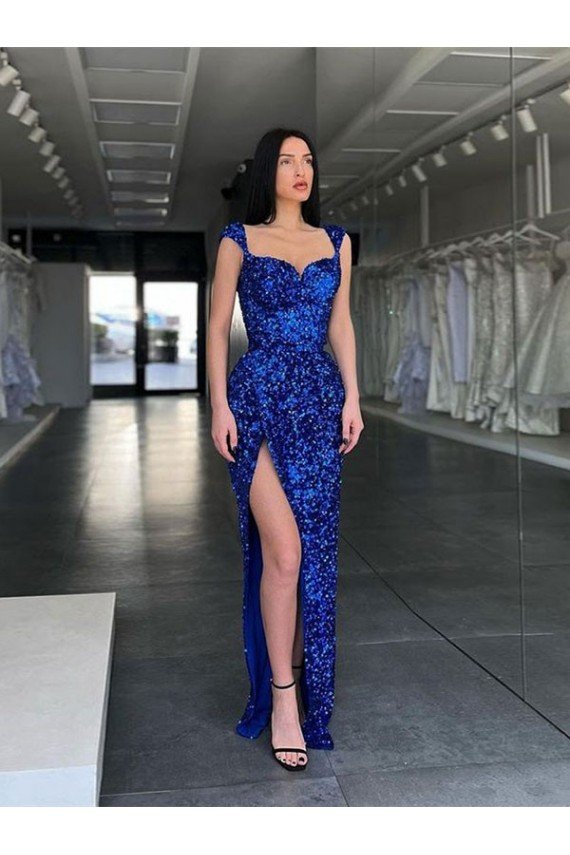 Azul real Cubierta Tirantes espagueti Barrer tren Lentejuelas Terciopelo Largo Vestidos de fiesta Descuento