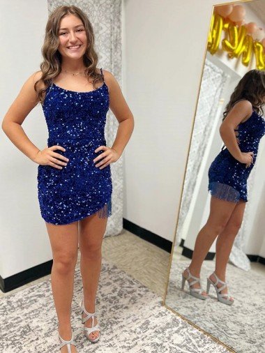 Azul real Cubierta Tirantes espagueti Corto Lentejuelas Terciopelo Corto Vestidos de fiesta Descuento