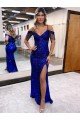 Azul real Cubierta Tirantes espagueti Cuello en V Lentejuelas Terciopelo Largo Vestidos de fiesta Descuento