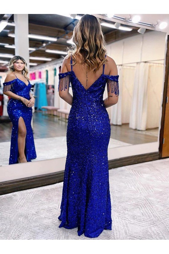 Azul real Cubierta Tirantes espagueti Cuello en V Lentejuelas Terciopelo Largo Vestidos de fiesta Descuento