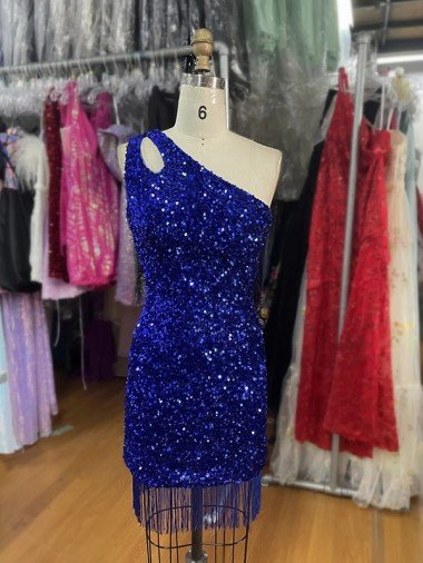 Azul real Cubierta Un Hombre Corto Lentejuelas Terciopelo Corto Vestidos de fiesta Descuento