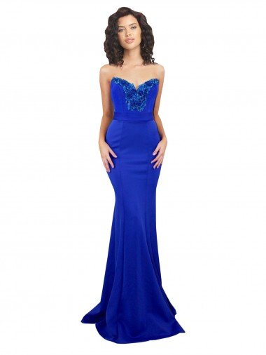 Azul real Sirena Cuello Alto Crepé Elástico Largo Formales Vestidos de dama de honor / Vestidos de fiesta Descuento