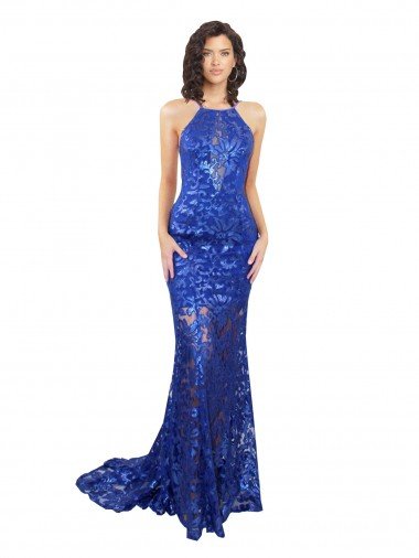 Azul real Sirena Cuello Alto Encaje Largo Vestidos de dama de honor / Vestidos de fiesta Descuento