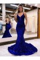 Azul real Sirena Cuello en V Cola corte Lentejuelas Terciopelo Largo Vestidos de fiesta Descuento