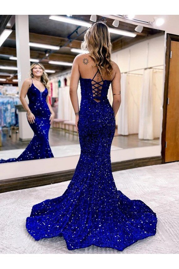 Azul real Sirena Cuello en V Cola corte Lentejuelas Terciopelo Largo Vestidos de fiesta Descuento