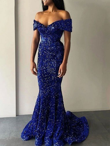 Azul real Sirena Hombros Descubiertos Barrer tren Lentejuelas Terciopelo Largo Vestidos de fiesta Descuento