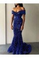 Azul real Sirena Hombros Descubiertos Barrer tren Lentejuelas Terciopelo Largo Vestidos de fiesta Descuento