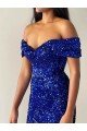 Azul real Sirena Hombros Descubiertos Barrer tren Lentejuelas Terciopelo Largo Vestidos de fiesta Descuento