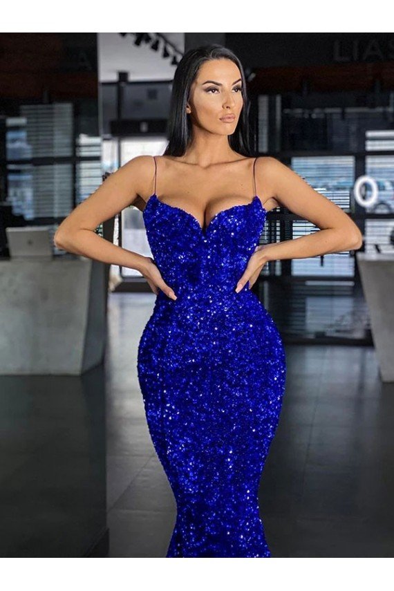 Azul real Sirena Tirantes espagueti Barrer tren Lentejuelas Terciopelo Largo Vestidos de fiesta Descuento