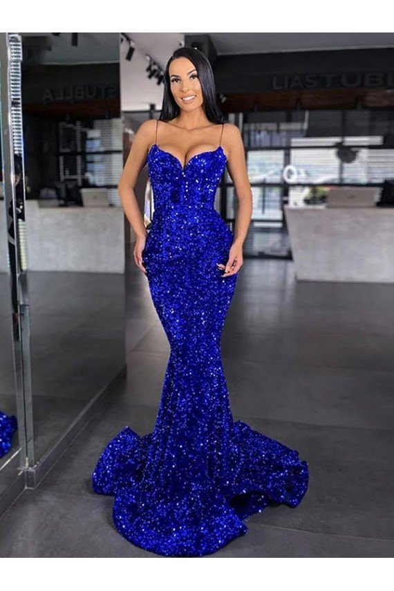 Azul real Sirena Tirantes espagueti Barrer tren Lentejuelas Terciopelo Largo Vestidos de fiesta Descuento