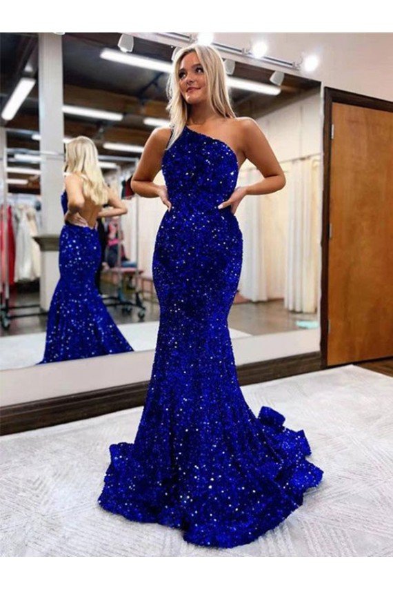 Azul real Sirena Un Hombre Barrer tren Lentejuelas Terciopelo Largo Vestidos de fiesta Descuento