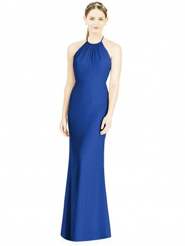 Azul real Trompeta Halter Cuello Alto Gasa Largo Vestidos de dama de honor Descuento